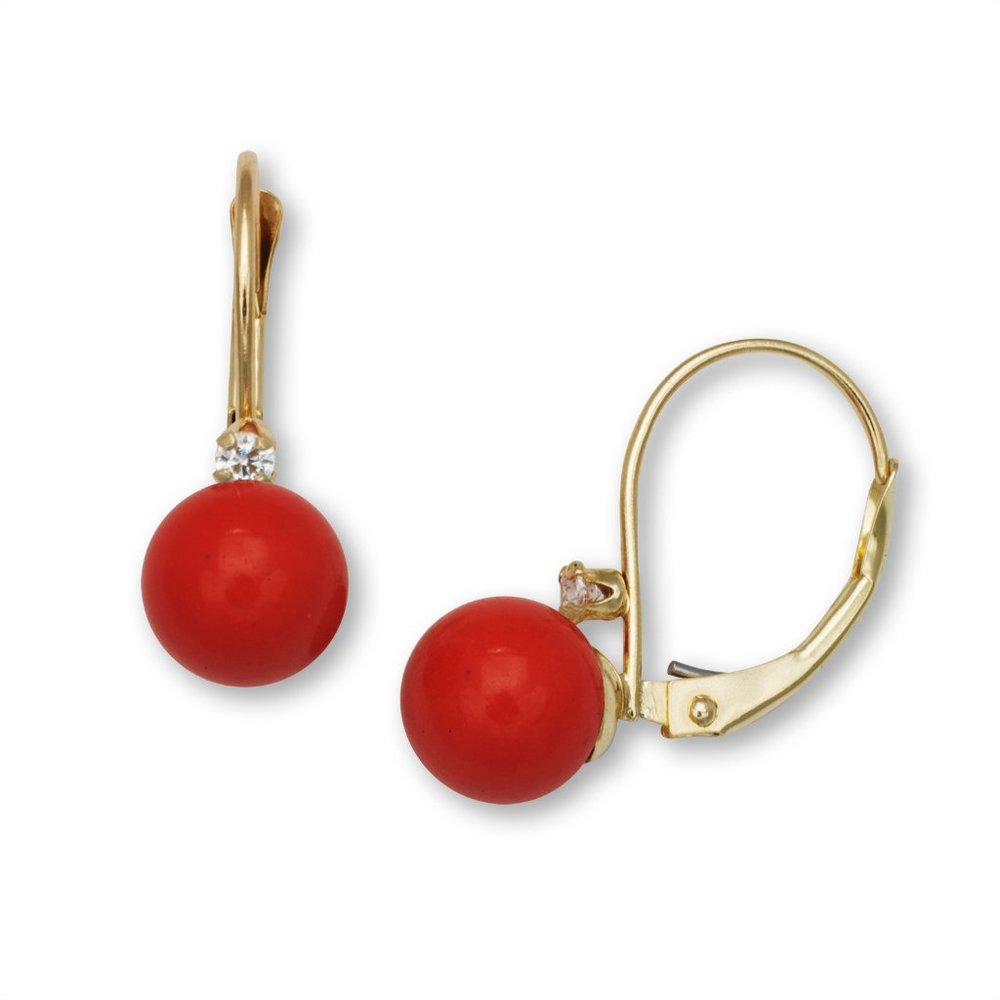 14K Solid Yellow Gold Coral With CZ Diamond Dangle Leverback Earrings For Women